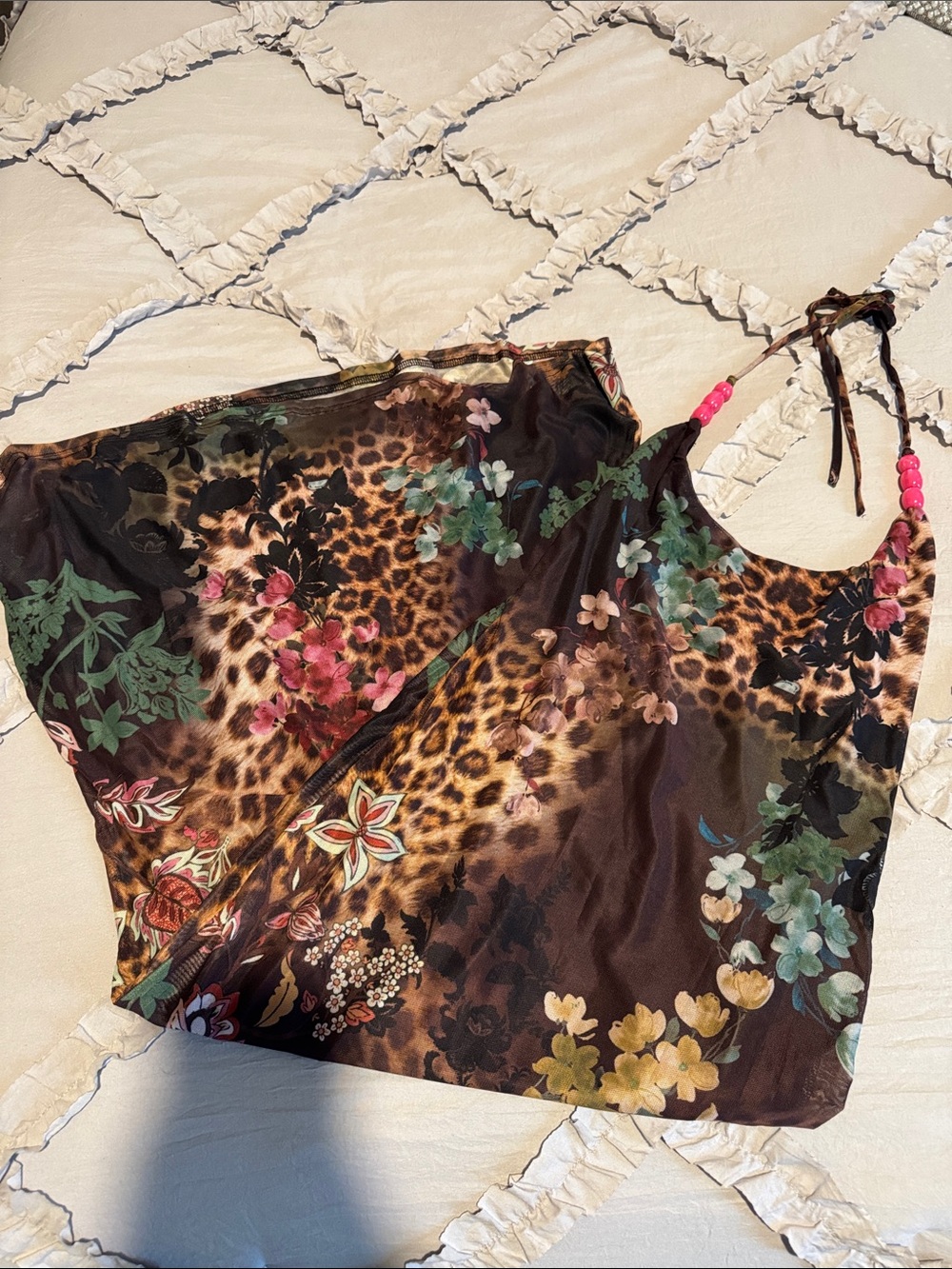 NWT White Fox Floral & Leopard Print Dress with Bead Straps